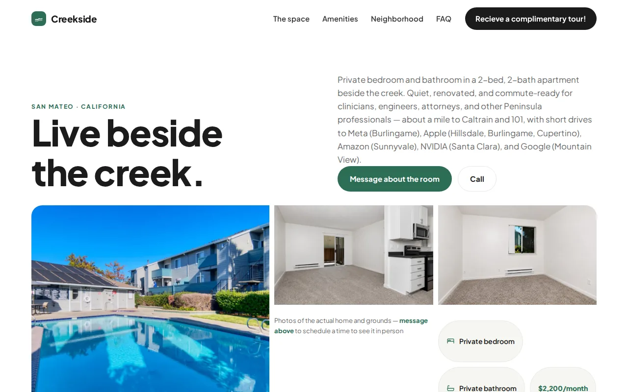 Creekside Apartments home page with the headline 'Live beside the creek' and photos of the pool and rooms