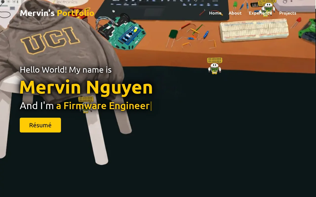 Mervin's Portfolio home page introducing Mervin Nguyen, an embedded software engineer